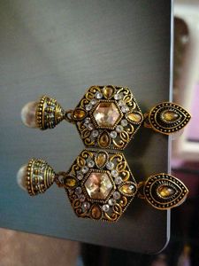 Antique Gold Jhumka Earrings with Pearl Drop