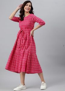 Printed Tiered Dress With Waist Tie-up