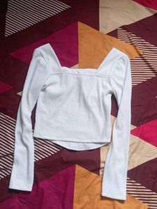 White Ribbed Knit Square Neck Long Sleeve Top