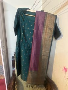 Emerald Green Kurti, Pant &amp; Purple Silk Duppatta