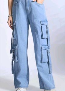 8 pocket Light Wash Denim Cargo Pants