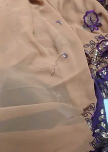 Beige &amp; Purple Embroidered  Saree Sequence Glam