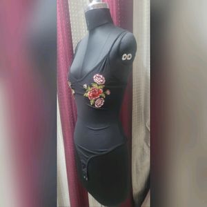 Black Floral Embroidered Bodysuit