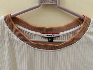 Ribbed White &amp; Orange Trim T-Shirt