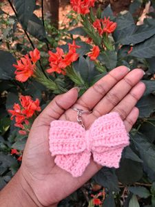 Pink Bow Crochet Keychain