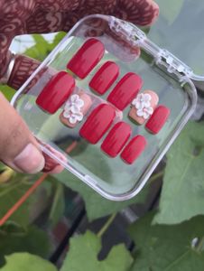 Red &amp; Floral Handmade Press-On Nails