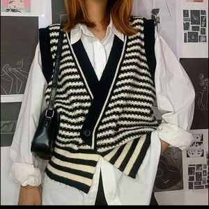 Black And White Striped Korean Vest