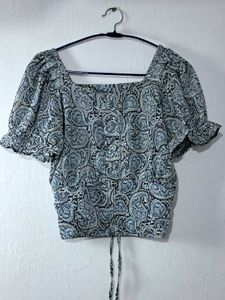 Paisley Puff Sleeve Tie Front Top