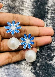 Blue Daisy & Pearl Drop Earrings