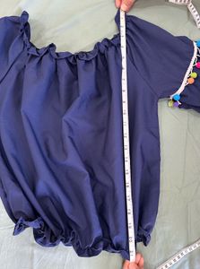 Blue Off-Shoulder Top with Colourful Pom-Pom Lace