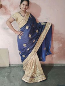 2 Color Saree. Navy Blue and Cream Saree