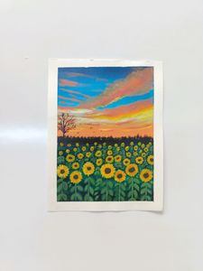Sunflower Field With Beautiful Sunset Painting