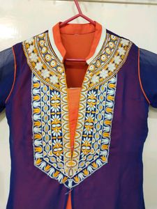 Orange And Blue Colour Kurti With Jacket