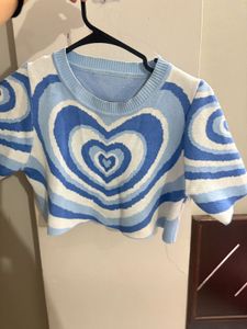 Blue Heart Pattern Crop Top