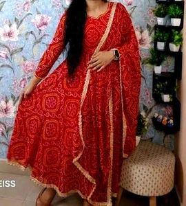 Red Printed anarkali Kurta with dupatta