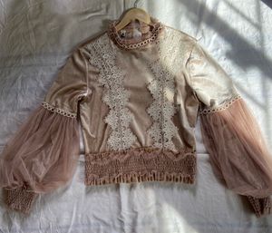 Lace Trim Velvet Top