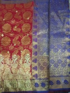 Red &amp; Gold Silk Saree with Peacock Border