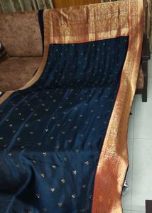 Beautiful Navy Blue Silk Saree With Sirowsky Work