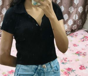 Ribbed Knit Polo Top