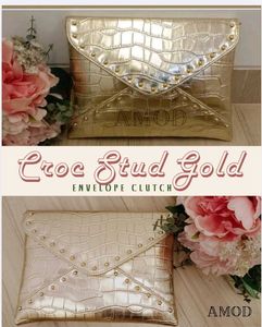 Croc Stud Gold Envelope Clutch