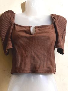 Brown Ribbed Puff Sleeve Top