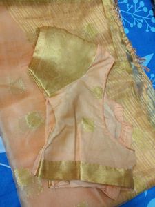 Peach Organza Saree with Gold Detail