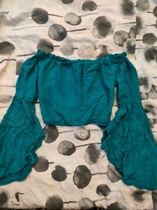 Teal Off-Shoulder Bell Sleeve Crop Top