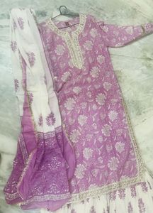 Pink Off white Kurta Three Pice Set With Sharara