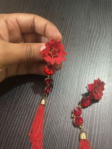 Red Flower Tassel Earrings
