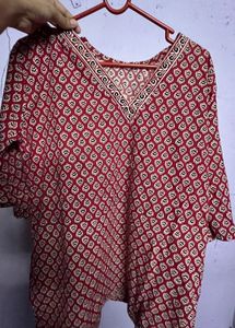 Red Printed V-Neck Blouse