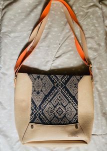 Tan &amp; Tribal Pattern Crossbody with Orange Strap