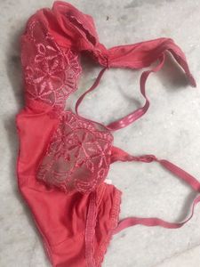 Net Bra Panty Lingerie Set Red Size 32