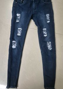High-Waist Distressed Skinny Jeans – Dark Blue