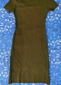 Olive Ribbed Cold Shoulder Dress