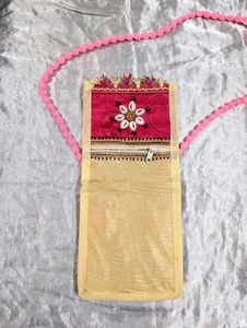 Beige/Pink Traditional Sling bag/Pouch