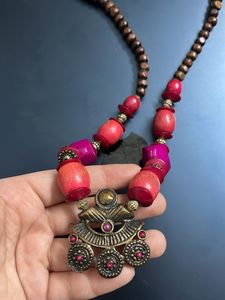 Boho Wood &amp; Coral Statement Necklace