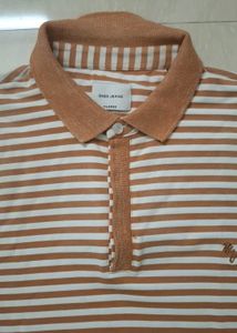 (Size~XL)Brown and white striped polo t-shirt🍋‍🟩