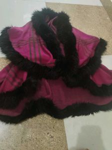 Luxury Stylish Pink Plum cape shawl with Black fur