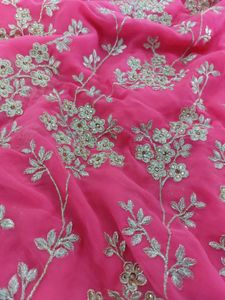Golden Embroidered Rose Pink Georgette Saree