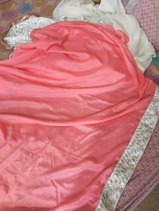 Peach Chiffon Saree with Silver Border