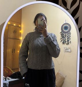 Gray Turtleneck Cable Knit Sweater