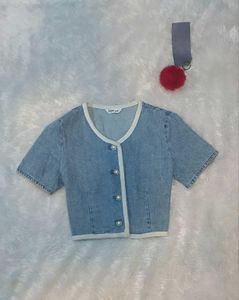 Denim Pearl Button Crop Top
