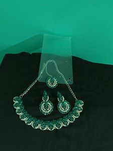 Peacock Green  Neckset Earrings And Mangtikka