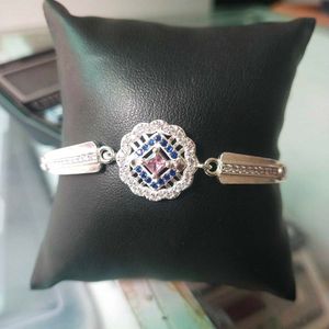 Pure Silver Pink&amp;Blue CZ Stone Adjustable Bracelet