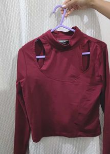 Maroon Cutout Long Sleeve Crop Top
