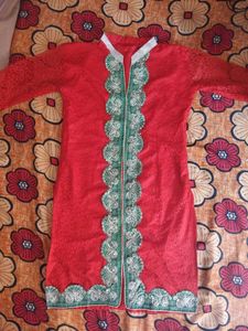 Red, Green, Golden Embroidery Kurti
