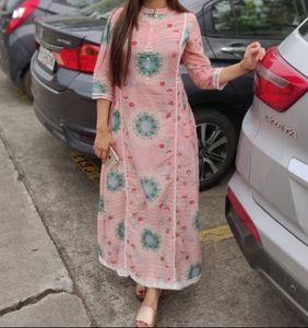 W | Floor Length Floral Pink Kurta