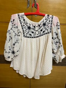 Cream Dobby Black Embroidered Grorgette Top