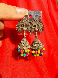 Oxides Peacock Jhumka With Colourful Beads