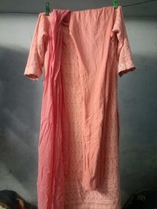 Peach Chikankari Kurti Legging And Dupatta Set